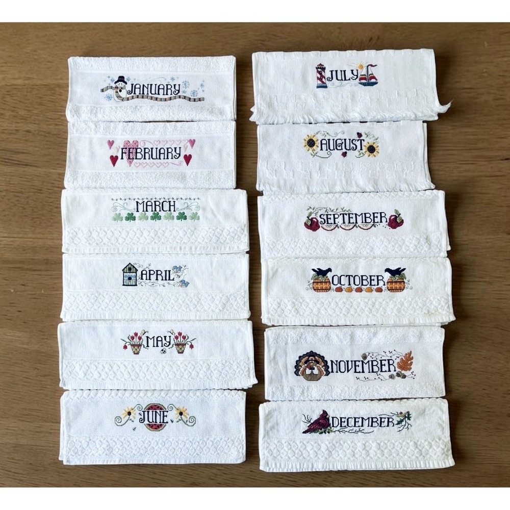 Vtg Cross Stitch Completed All 12 Months of the Year Dish Towels NEW - Picture 3 of 14